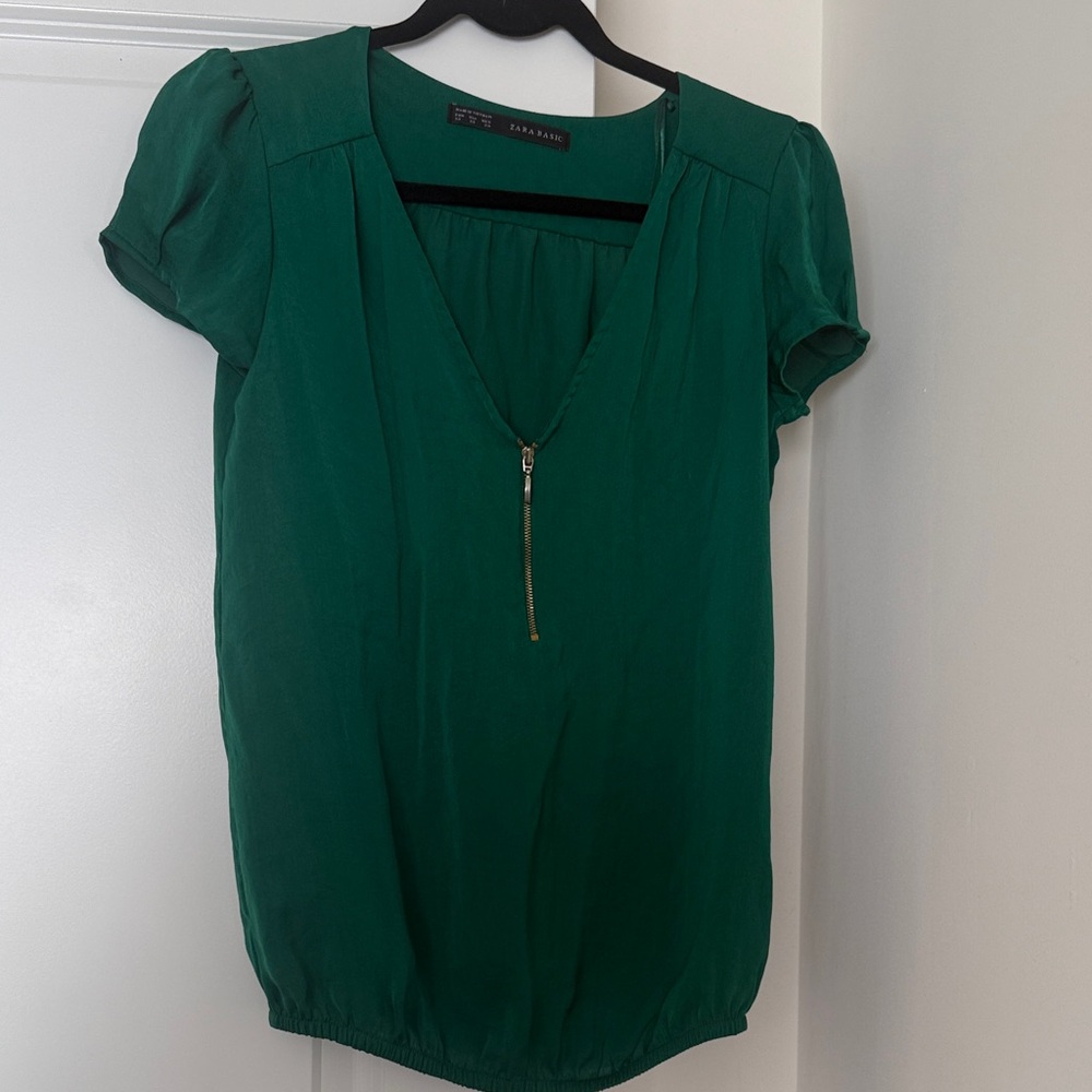 Zara Emerald Green Blouse with Front Zipper Sz XS